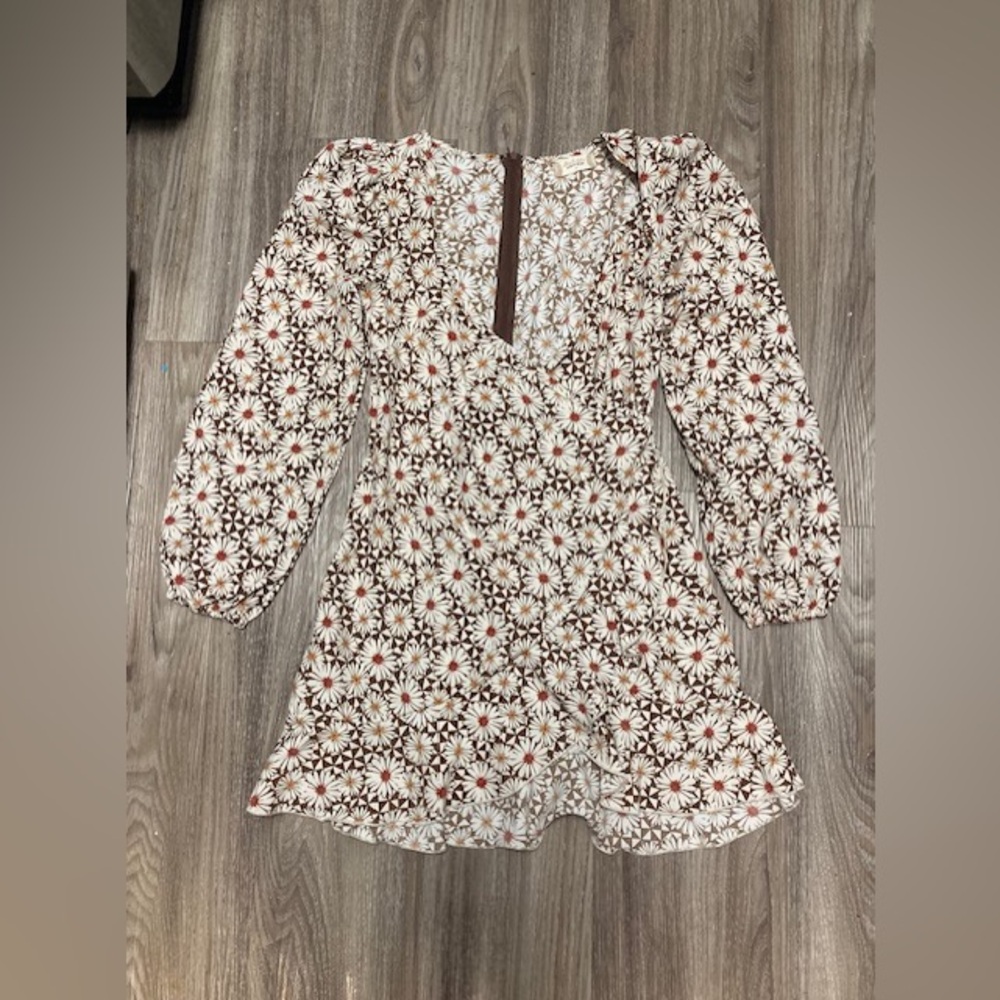 NWT Altar'd State Women's Floral Brown Cream Ruffle Hem Dress Summer Fall